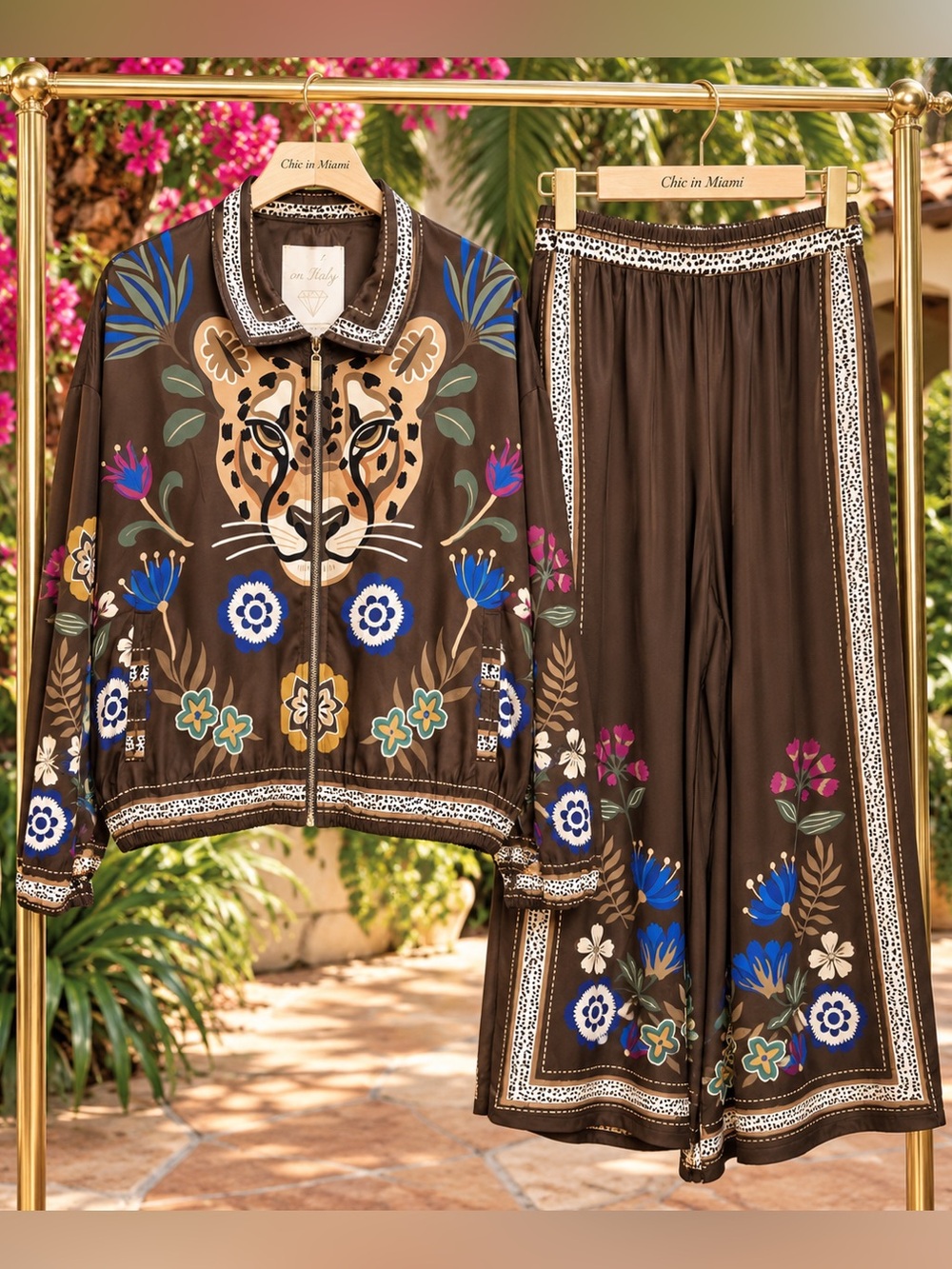 Made in Italy Brown Animal & Floral-Print Jacket & Wide Leg Pants Set OS